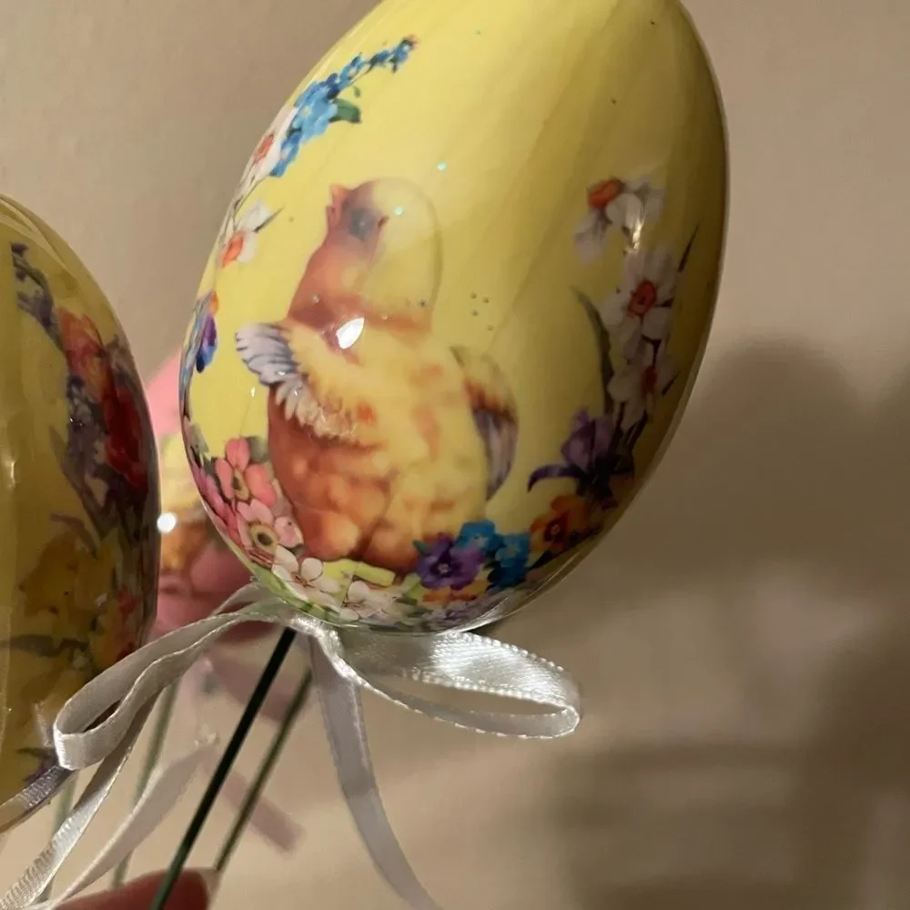 Vintage Decoupage Eggs with Vintage Easter Prints on Long Wire Picks with Ribbon